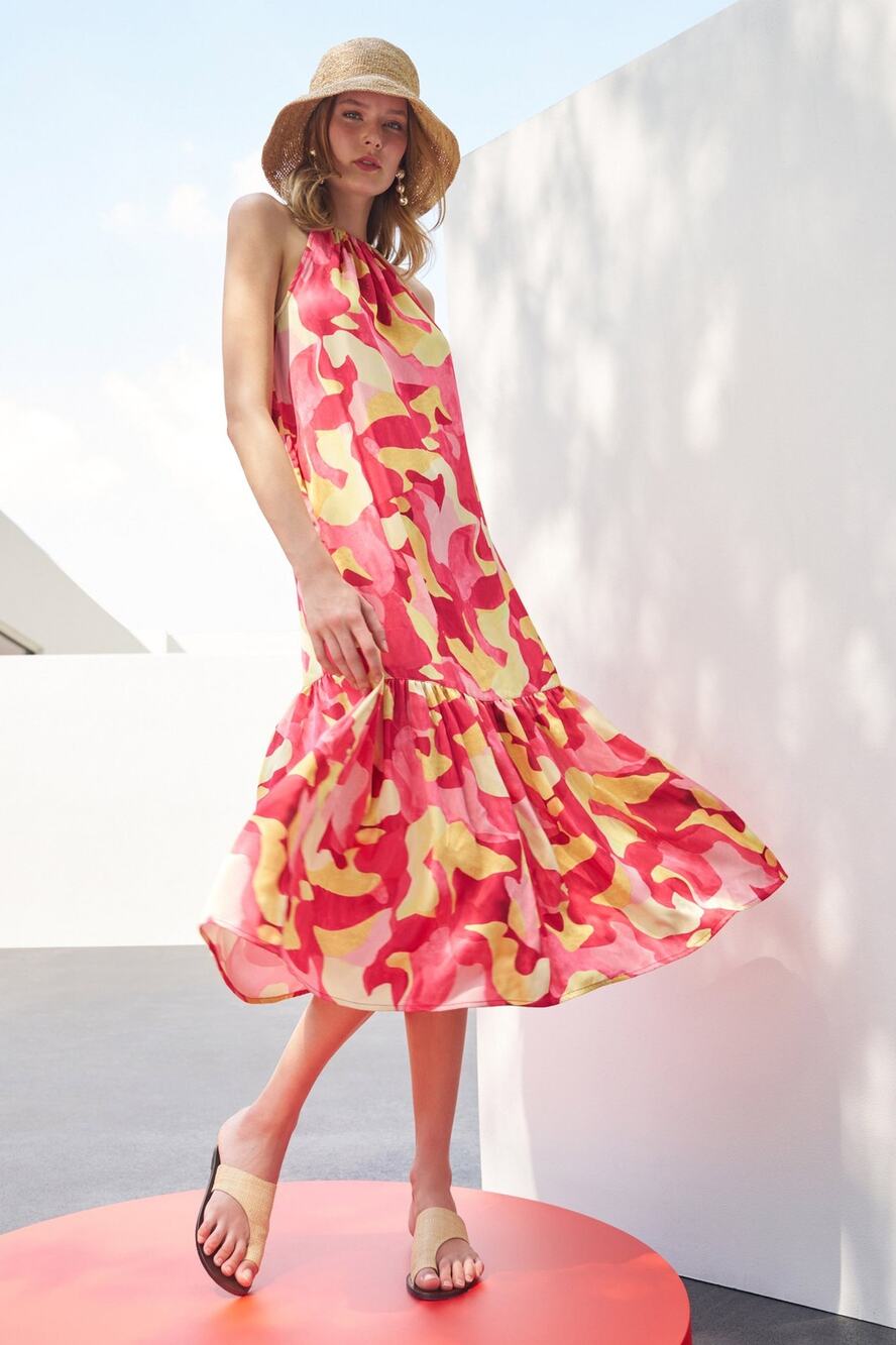 Ming Wang Abstract Print Crepe De Chine Halter Neck Tiered Dress, Sz M -- NWT